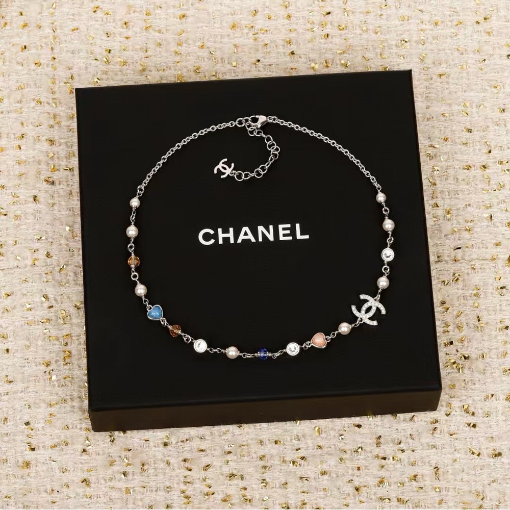 CHANEL Silver and Blue Necklace with Iconic Logo